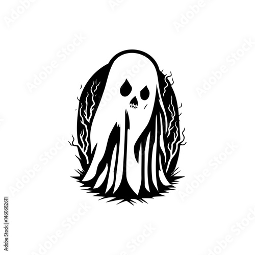 Eerie spectre emblem, a monochrome ghost emerging from shadowy foliage