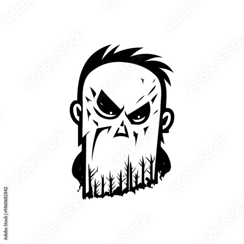 Stylized monochrome portrait exhibiting intense gaze and arboreal beard design