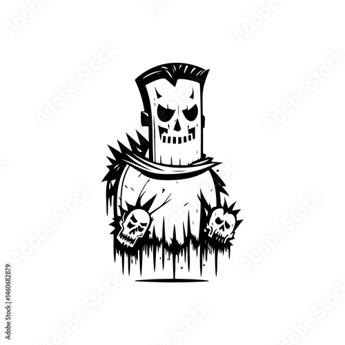 Monochromatic monster illustration featuring skull designs and edgy punk details