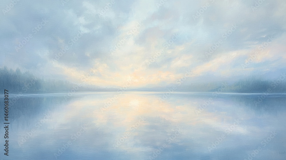 Naklejka premium Serene Horizon Reflection Over Calm Water at Sunrise with Soft Clouds