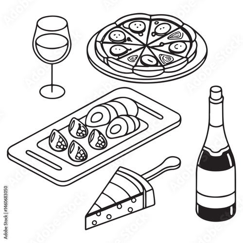 Minimalist food and wine hand drawn sketch set. Cheese platte, ousters plate, charcuterie Jamon and salami board, vine bottle, 
drink glass, champagne vector