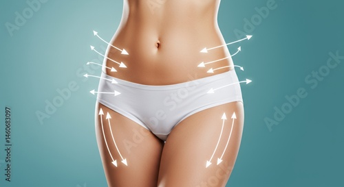 Close Up of a Womans Torso and Upper Thighs in White Underwear with Glowing Abstract White Energy Lines on Soft Gradient Teal Background