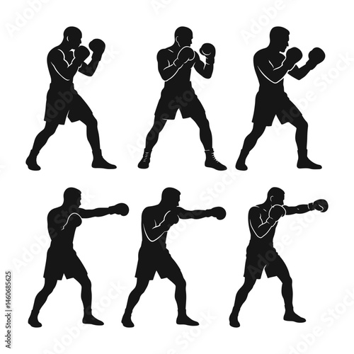 Boxer in different pose black silhouette set