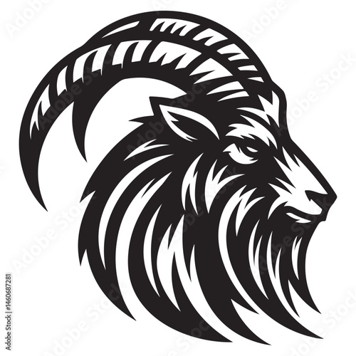 Fierce Tribal Mountain Goat Head Logo in Black and White – Aggressive Ram Horn Design for Sports Teams, Outdoor Apparel, Tattoo Art, and Branding Use.