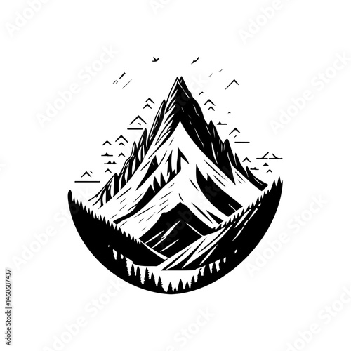 Monochrome mountain peak illustration with flying birds and stylized trees