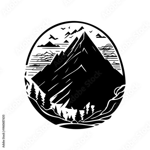 Striking monochrome mountain scene evoking natural majesty and serene adventure