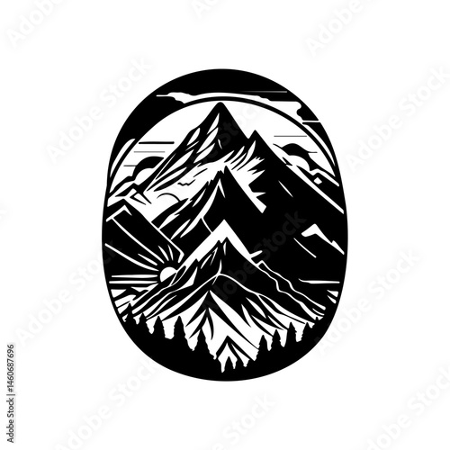 Serene mountainscape silhouette within an oval, capturing nature's rugged beauty