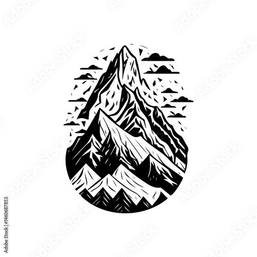 Dramatic mountain range silhouette illustration in stark black and white coloring