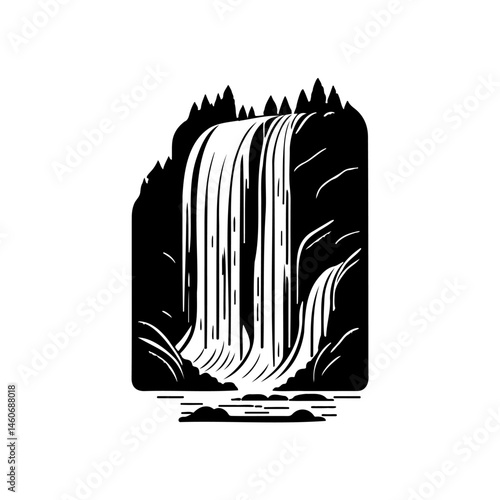 Monochrome Depiction of Cascading Waterfall Surrounded by Evergreen Trees
