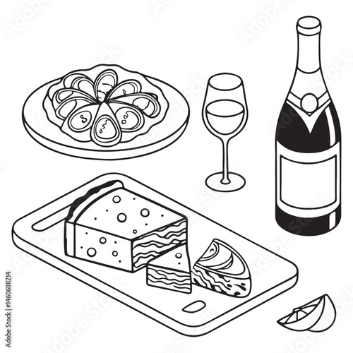 Minimalist food and wine hand drawn sketch set. Cheese platte, ousters plate, charcuterie Jamon and salami board, vine bottle, 
drink glass, champagne vector