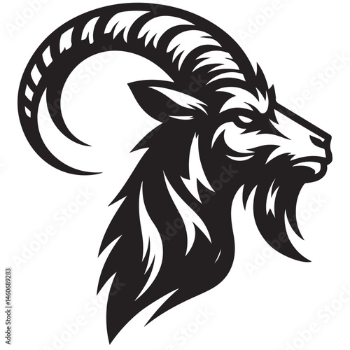 Fierce Tribal Mountain Goat Head Logo in Black and White – Aggressive Ram Horn Design for Sports Teams, Outdoor Apparel, Tattoo Art, and Branding Use.