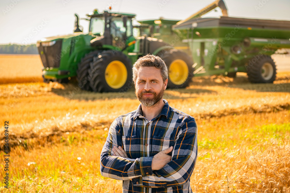 Fototapeta premium Agronomist man harvesting at crop field. Ripe agriculture. Harvest man at field. Farmer agronomist. Crop harvest. Farmer check wheat. Agricultural wheat at harvest time. Countryside crop