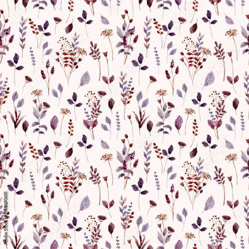 purple brown mini wildflower and foliage watercolor seamless pattern