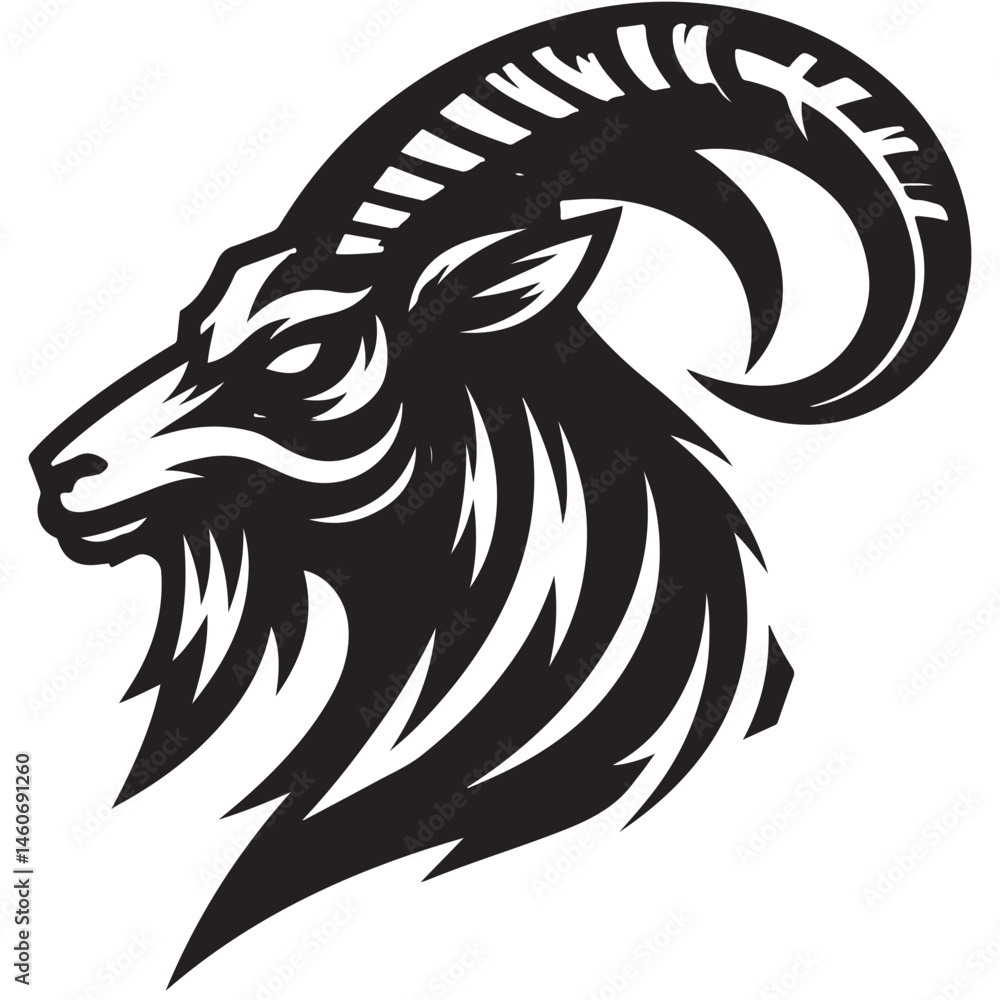 Fototapeta premium Fierce Tribal Mountain Goat Head Logo in Black and White – Aggressive Ram Horn Design for Sports Teams, Outdoor Apparel, Tattoo Art, and Branding Use.