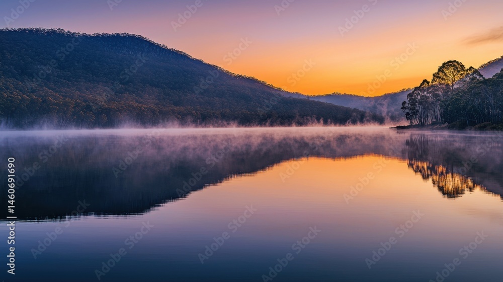 Fototapeta premium Serene Sunrise Reflection Over Calm Lake Surrounded by Mountains