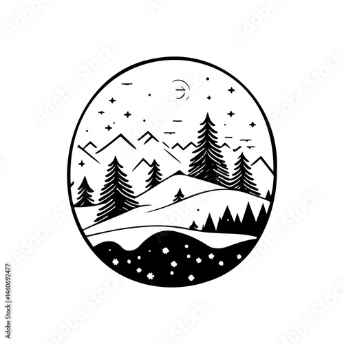 Monochromatic Winter Landscape with Coniferous Trees Under a Starry Moonlight