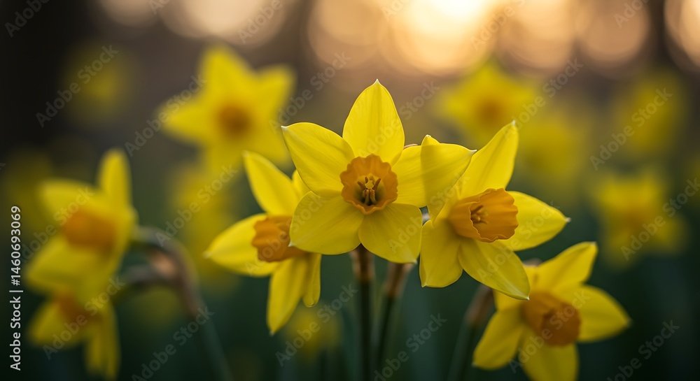 Fototapeta premium Yellow Daffodils Blooming in a Garden at Sunset