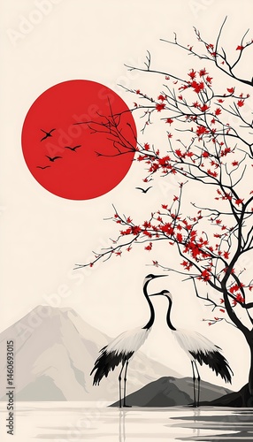 Sunrise, cranes, cherry blossoms, calm landscape