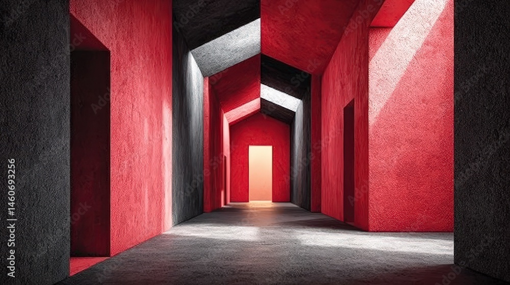 Fototapeta premium Abstract Red Black Corridor Minimalist Interior Architecture Design
