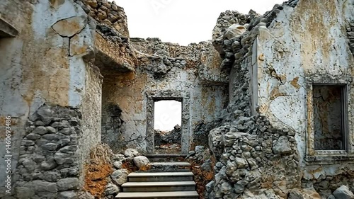 Abandoned stone ruins with weathered walls and doorway