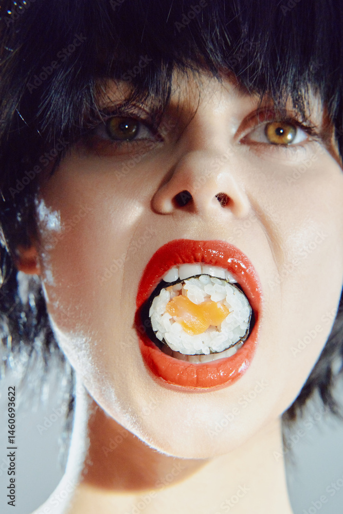 Uniquely styled model with sushi in mouth showcasing vibrant food culture, bold expression, and striking makeup. Bright colors enhance the sushi theme.