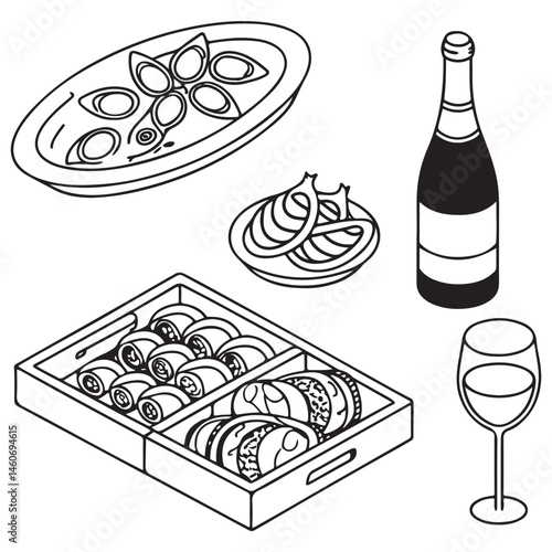 Minimalist food and wine hand drawn sketch set. Cheese platte, ousters plate, charcuterie Jamon and salami board, vine bottle, 
drink glass, champagne vector