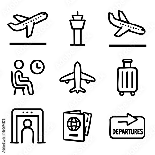 A set of doodle line icons showing airport travel elements like flights, passports, luggage, control tower, and departures
