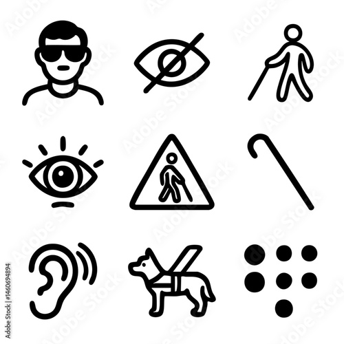 A set of doodle line icons representing blindness and accessibility, including white cane, guide dog, braille, and visually impaired symbols