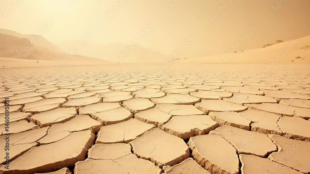 Arid Desert Landscape Showing Dry Cracked Earth and Distant Mountains under a Hazy Sun