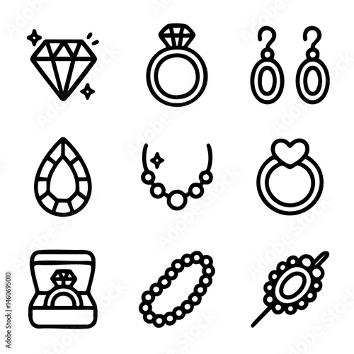 A set of doodle line icons representing various jewelry items including diamond rings, necklaces, earrings, gemstones, and bracelets