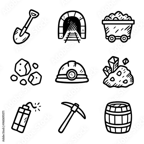 A set of doodle line icons representing mining activities and tools including shovel, tunnel, helmet, pickaxe, cart, ore, and dynamite