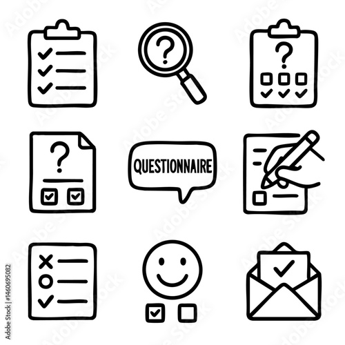 A set of doodle line icons representing surveys and questionnaires, including checklists, forms, feedback, magnifying glass, and envelope submission