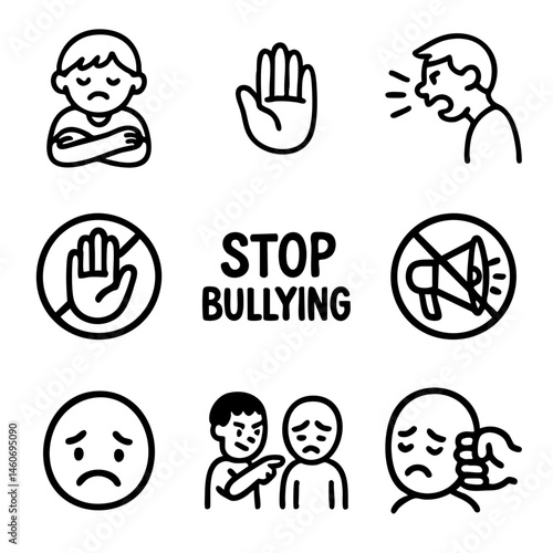 A set of doodle line icons promoting anti-bullying awareness, featuring sad children, stop signs, shouting, silence symbols, and emotional distress