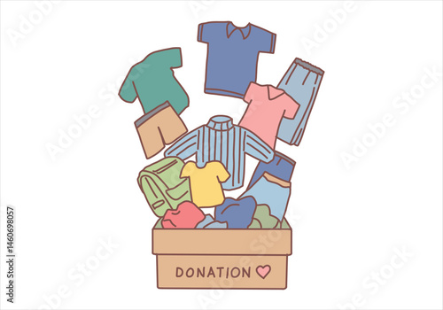 Charity and donating clothes concept. Box with donation word. Hand drawn style vector design illustrations. 