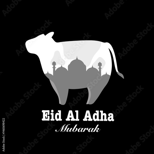Islamic Eid al-Adha Design Featuring Cow Qurban Animal and Mosque Background