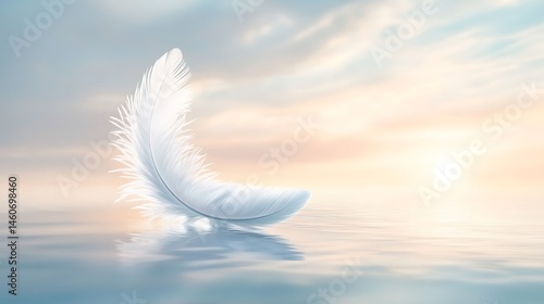 Graceful descent: A delicate white feather floating on tranquil water surface
