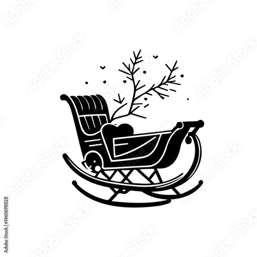 Elegant vintage sleigh vector design featuring seasonal evergreen sprigs and snowflakes
