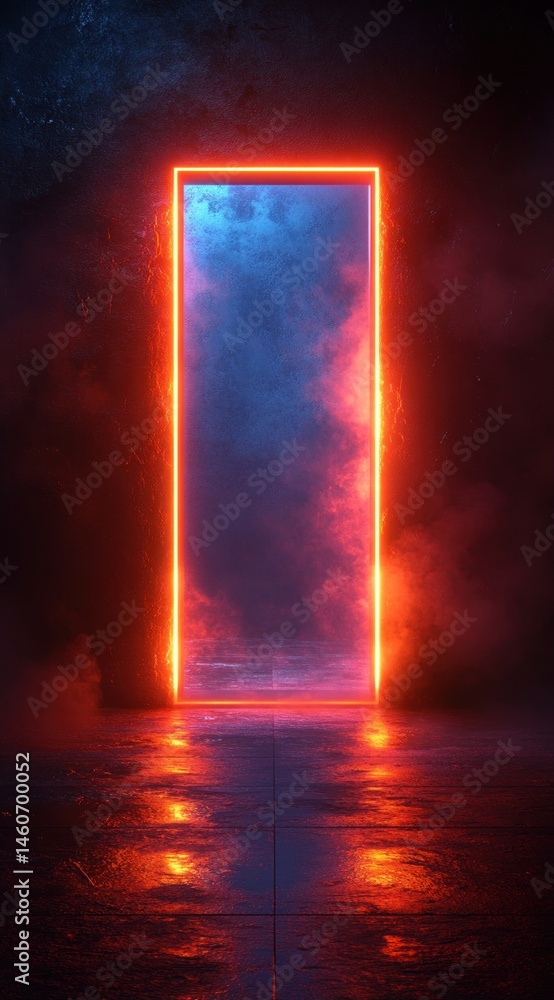 A vibrant, glowing portal framed by fiery neon light. A vibrant, glowing portal framed by fiery neon light.