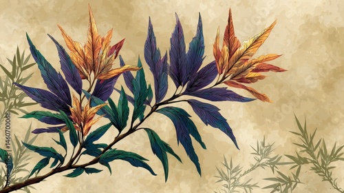 Artistic Tropical Leaves Branch  Botanical Illustration  Beige Background  Nature Print  F