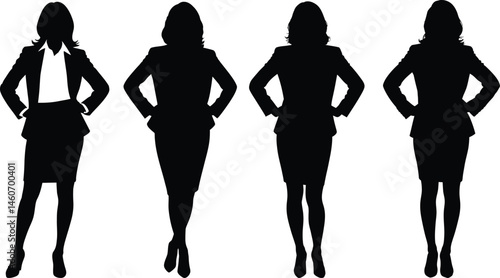 Silhouettes of Professional Business Women in Pencil Skirts and Blazers Standing Confidently in a Row in Minimalist Black and White Corporate Vector Illustration
