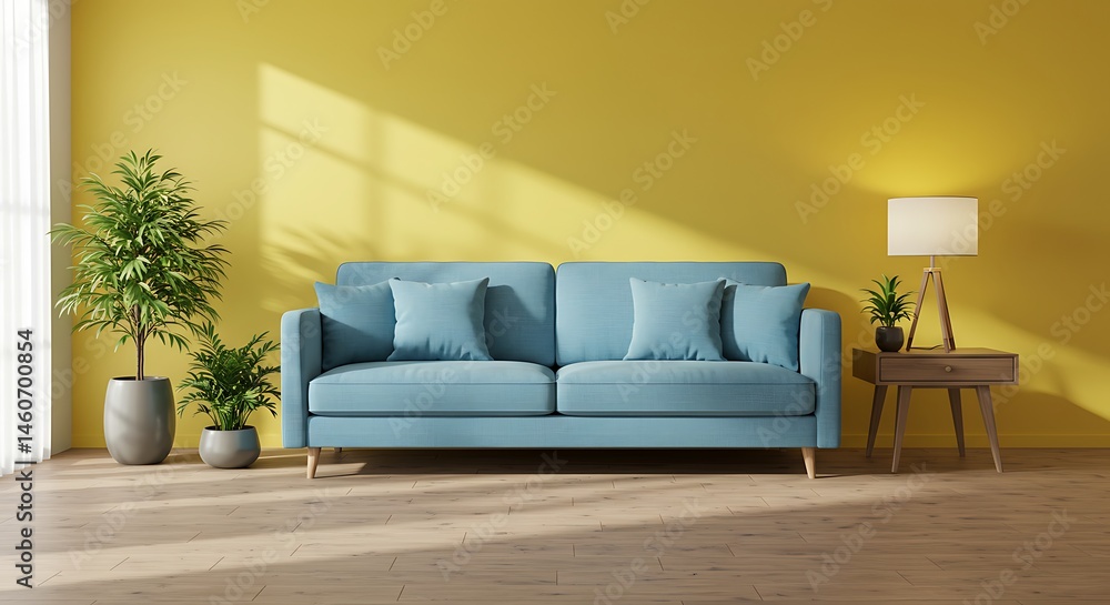 Sunlit Serenity: A 3D Render of a Tranquil Living Room with Powder Blue Sofa AI Generated Sunlit Serenity: A 3D Render of a Tranquil Living Room with Powder Blue Sofa AI Generated