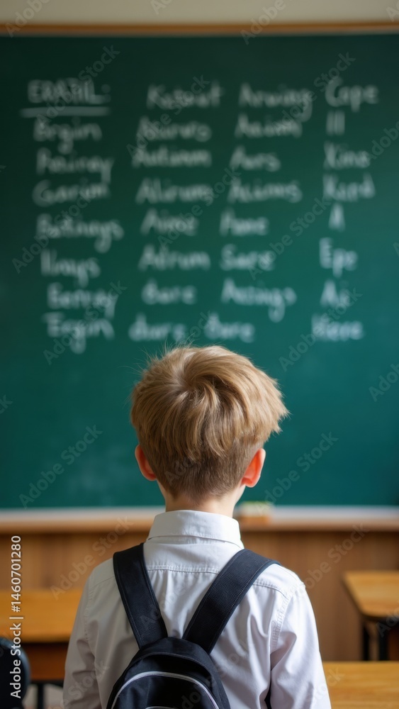 A schoolboy stands with his back to the camera, gazing at the blackboard filled with answers, engaged in a classroom setting with wooden desks.