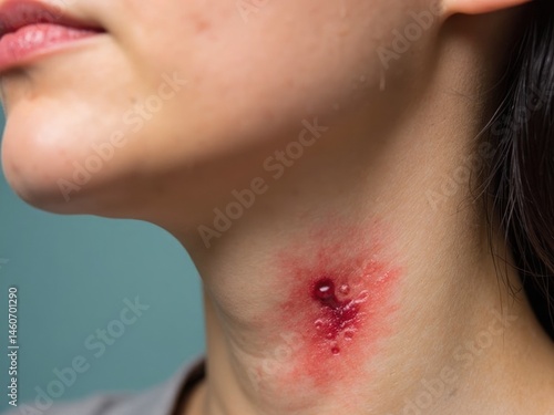 A woman displays a prominent red scar on her neck, the result of thyroid surgery. She gazes at the camera with a calm expression in a clinical setting.