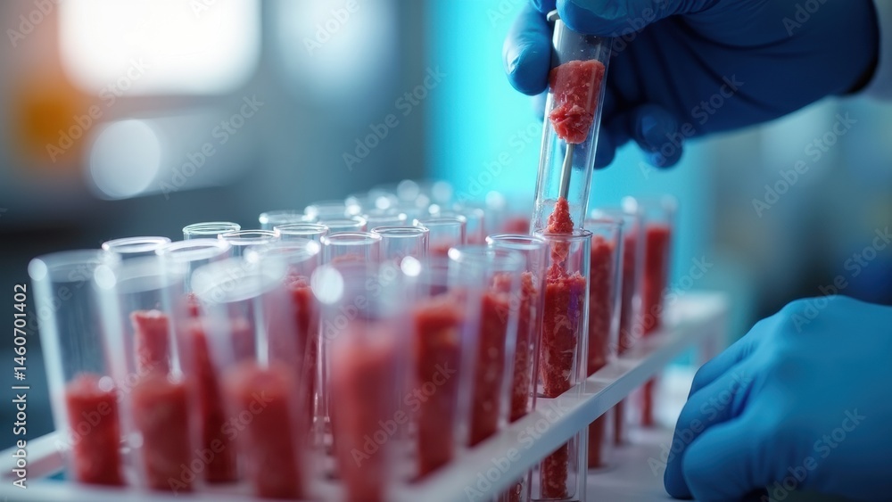 A technician, wearing blue gloves, examines pieces of artificial beef in test tubes within a laboratory, highlighting advancements in food technology and safety.