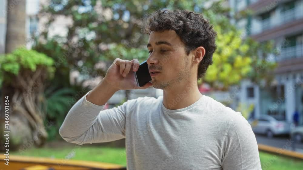 Man talking on a smartphone in an urban park setting, surrounded by greenery and city buildings, captures a serene moment of connection and communication outdoors. Man talking on a smartphone in an urban park setting, surrounded by greenery and city buildings, captures a serene moment of connection and communication outdoors.