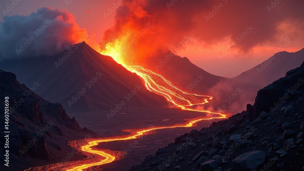 Lava flows down the mountainside at dusk, casting an orange glow over the landscape and creating an eerie atmosphere during the volcanic eruption.