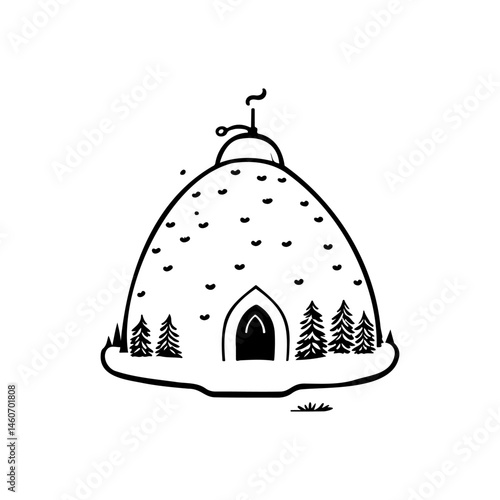Whimsical Illustration of an Earthen Dome with Evergreen Trees in Winter
