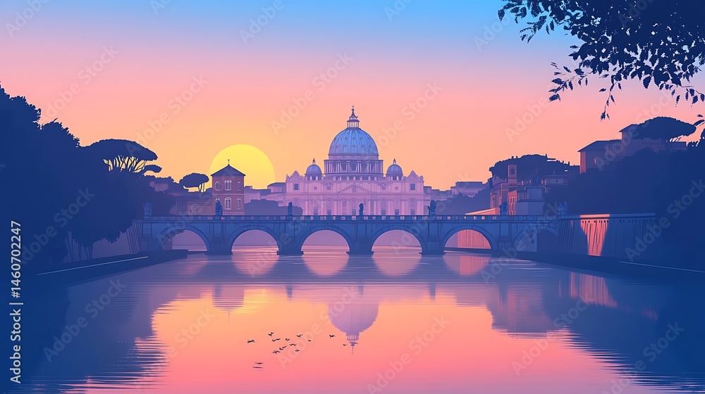 Obraz premium St. Peter’s Basilica in minimalist flat vector, viewed across the Tiber River, silhouette of dome and Vatican walls, soft pastel sky at dawn, simplified reflection in water, hd quality, natural look.
