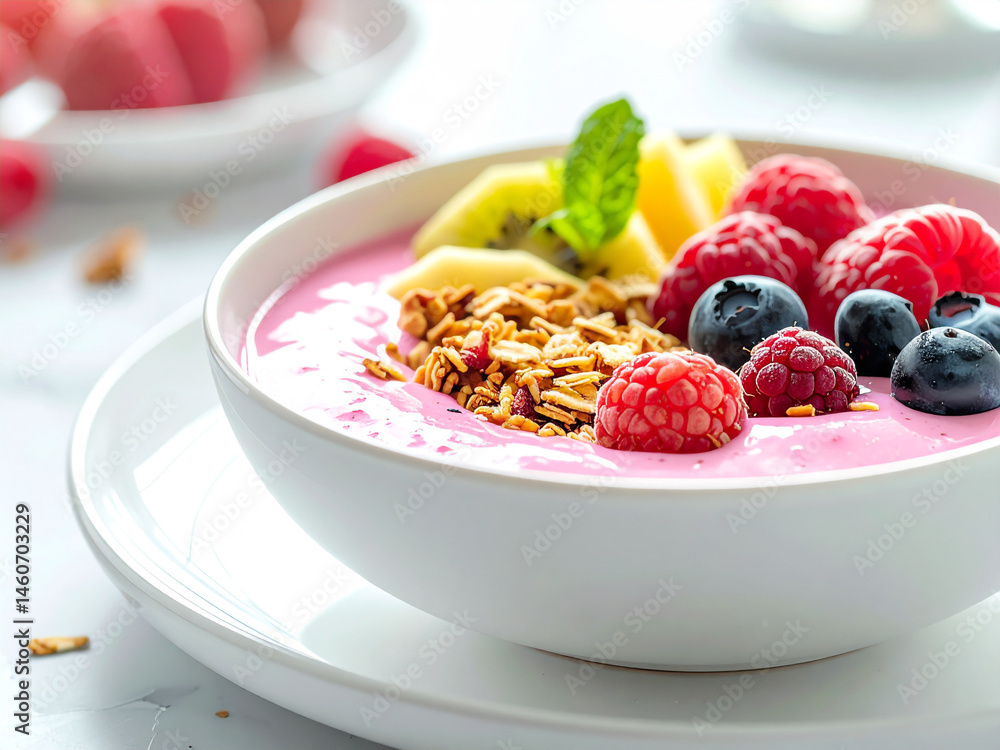 Close-Up of a Vibrant Smoothie Bowl with Granola and Fresh Fruits on a White Plate – Bright and Clean Aesthetic Close-Up of a Vibrant Smoothie Bowl with Granola and Fresh Fruits on a White Plate – Bright and Clean Aesthetic