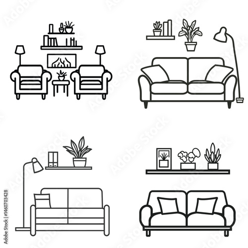 Minimalist Line Art Sofas, Armchairs, Lamps, Shelves and Decor on Transparent